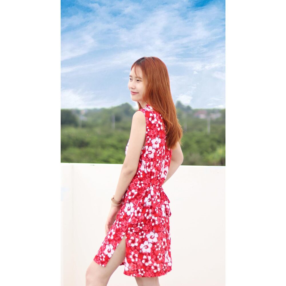 7466 Dress Chinese with Eyelets Small Hibiscus Flowers in Lava Red sz XL - Picture 4 of 5